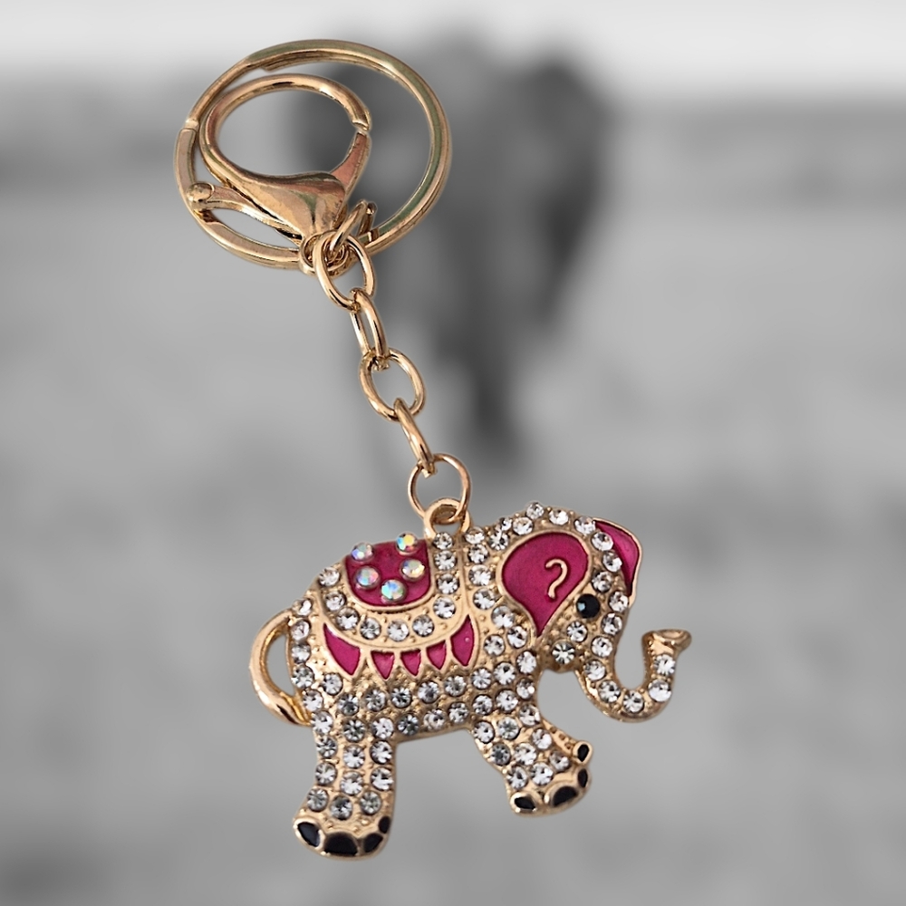 Jeweled Elephant Bag Charm / Keychain with Pink Enamel Accents